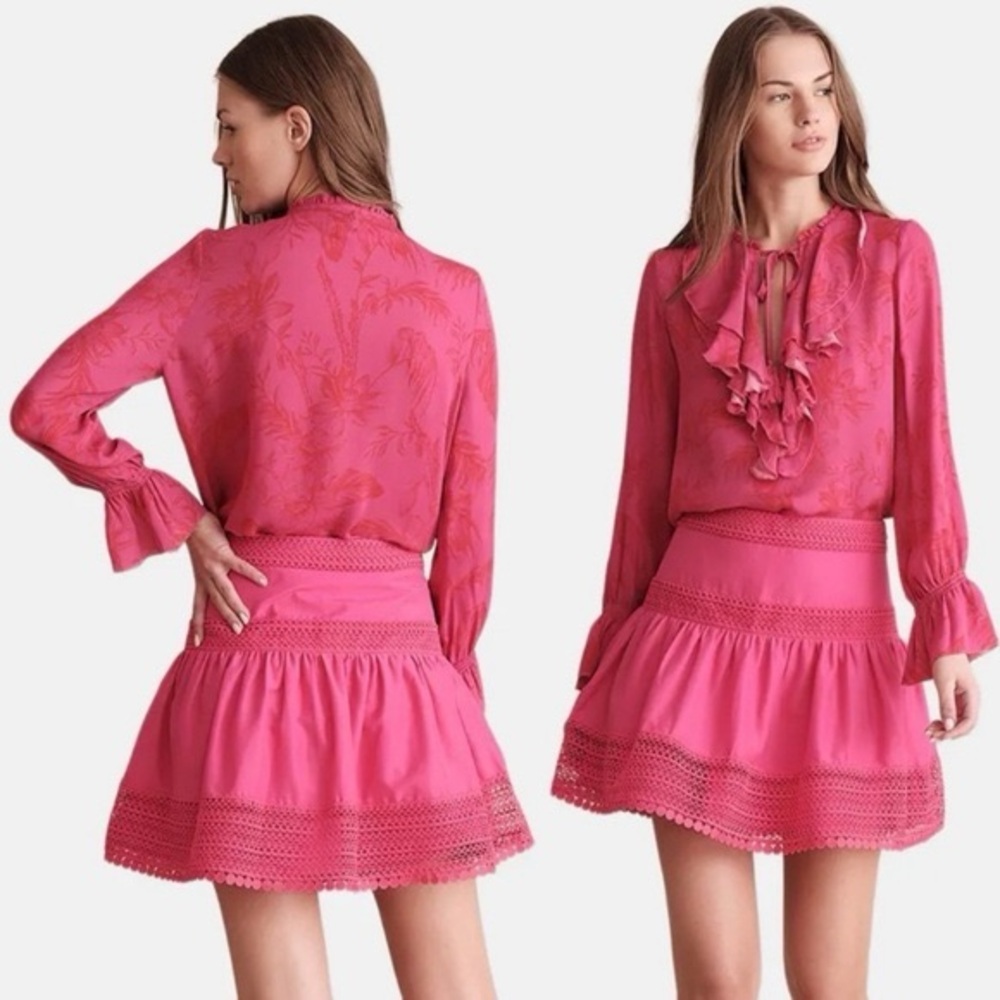 NWT! Haute Hippie Catherine Lace Trimmed Fuscia Cotton Silk Mini Skirt Size 8/L